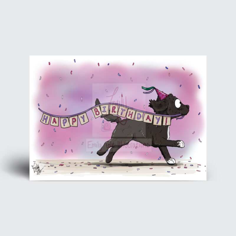 Happy Birthday Greeting Card by Emily Cole Illustrations Black Fluffy cockerpoo poodle dog
