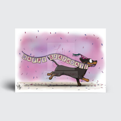 Happy Birthday Greeting Card by Emily Cole Illustrations Black and tan dachshund sausage dog