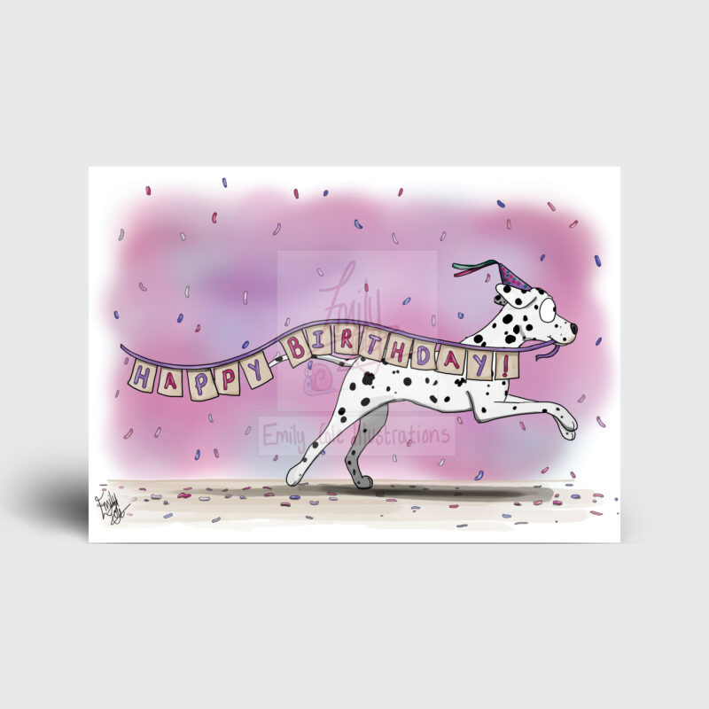Happy Birthday Greeting Card by Emily Cole Illustrations spotty dalmatian dog