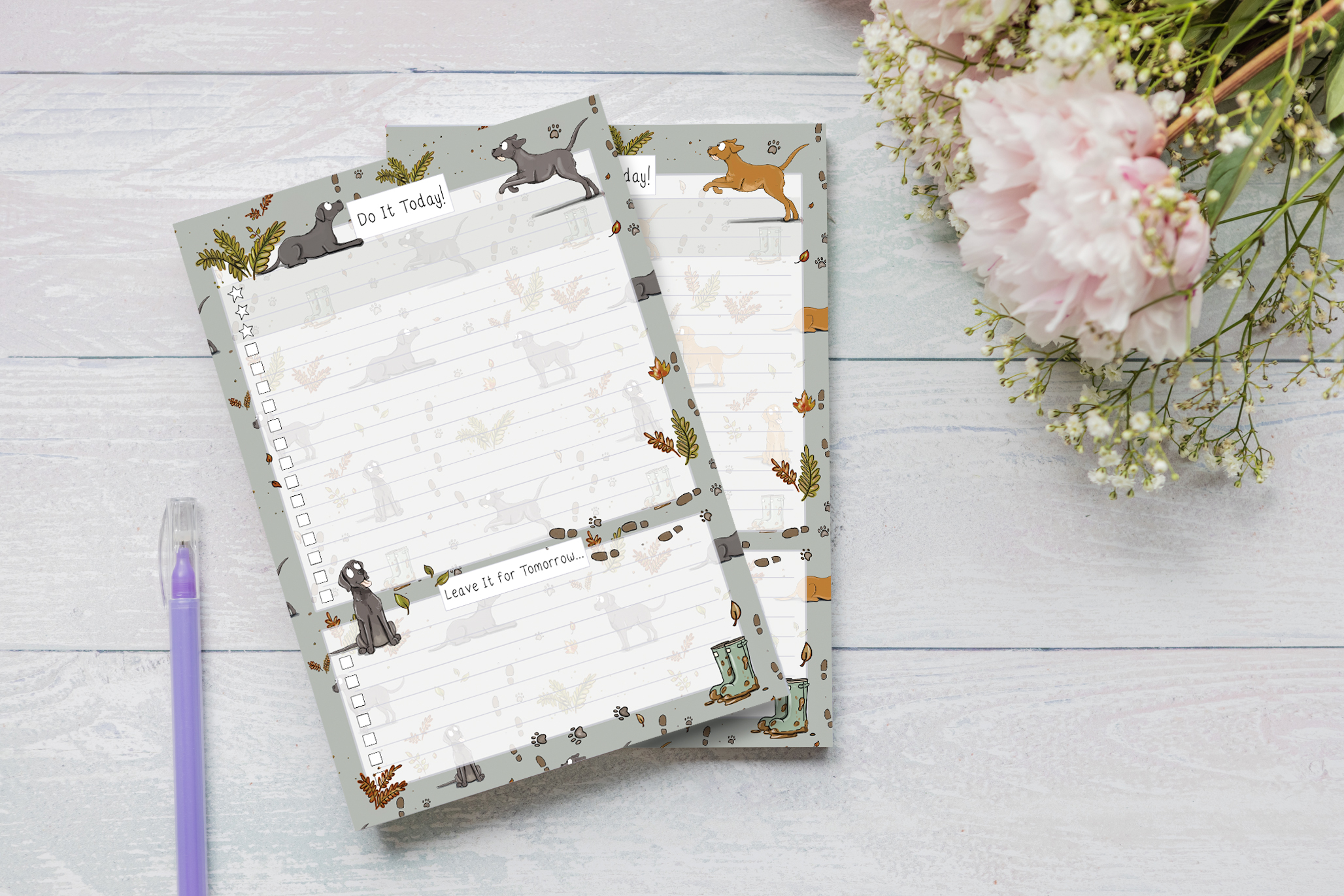Overlay design of fox red and black Labradors on A5 to-do list notepad with tidy lines and checkboxes.