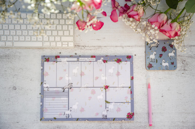 Grey Horse with Roses Horse Design A4 Desk Planner by Emily Cole Illustrations