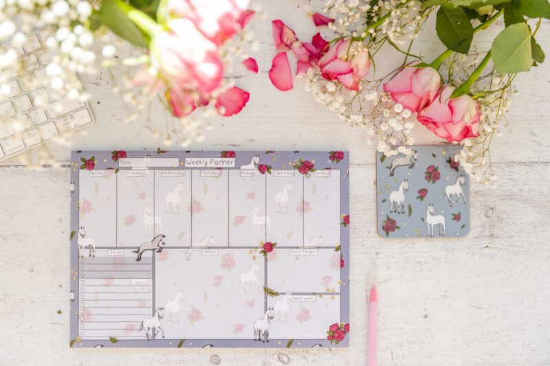 Grey Horse with Roses Horse Design A4 Desk Planner by Emily Cole Illustrations