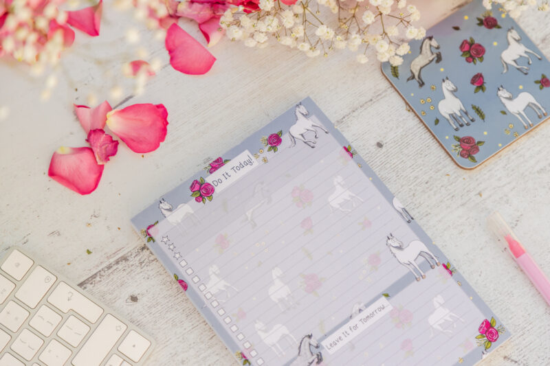 Close up Photograph of the Grey Horse and Rose Patterned To-Do List.