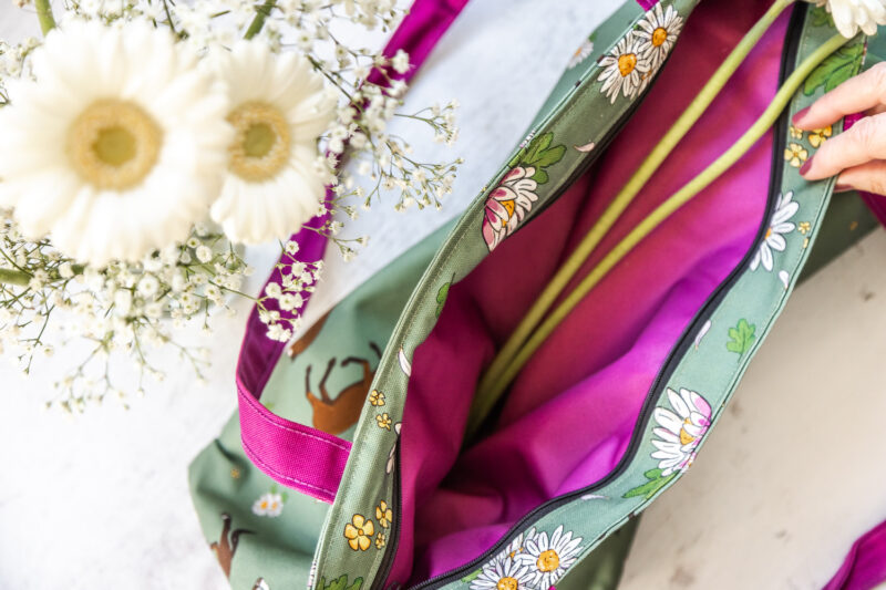 Bay Horse Tote Bag by Emily Cole Illustrations. Brown horse on a green background with pink liner.