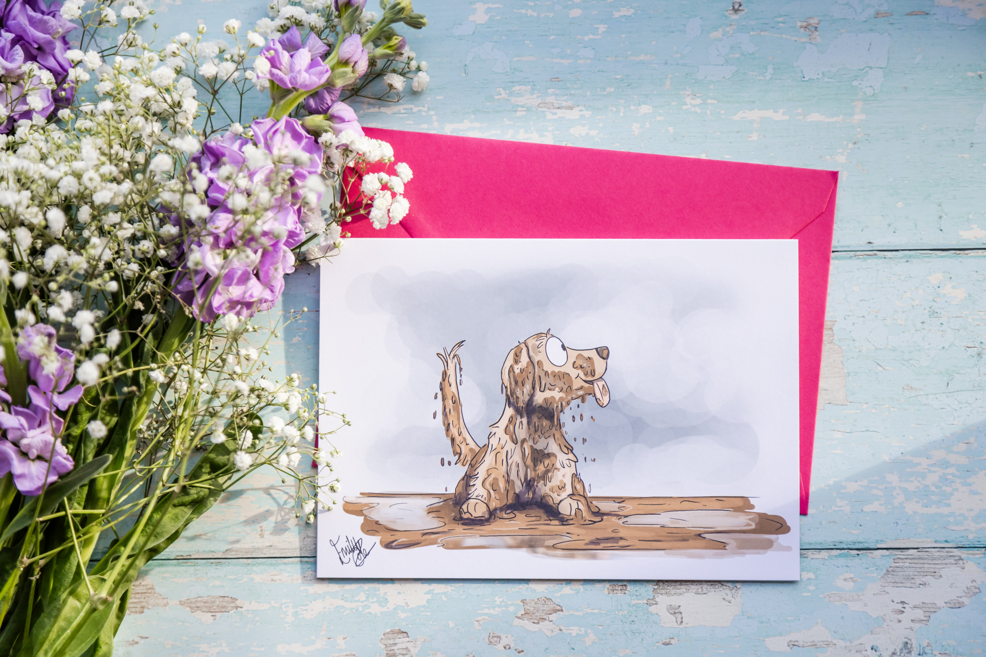 Muddy Golden retriever illustration greeting card by Emily Cole Illustrations