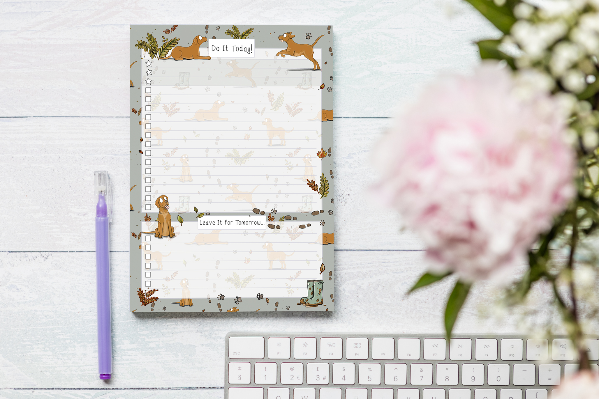 Fox red Labrador pattern on A5 to-do list notepad with lined sections and checkboxes.