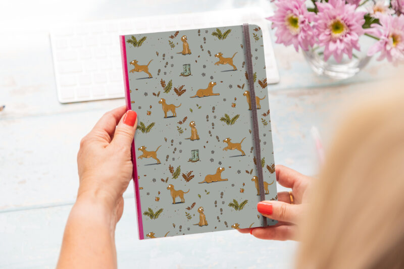 Soft cover notebook with fox red Labrador pattern on the front cover, A5 size, perfect for notes or journaling.
