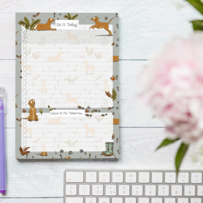 Fox red Labrador pattern on A5 to-do list notepad with lined sections and checkboxes.