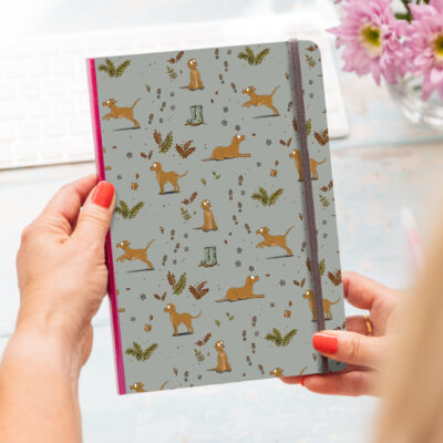 Soft cover notebook with fox red Labrador pattern on the front cover, A5 size, perfect for notes or journaling.