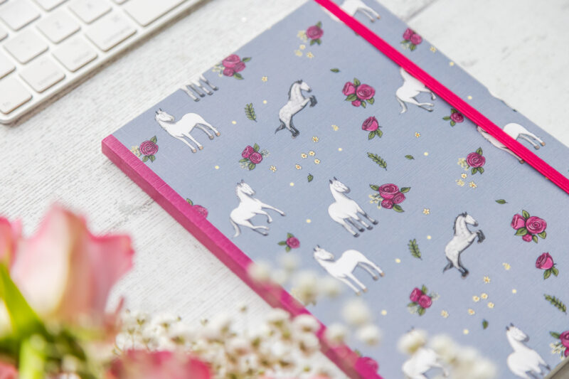 Grey horse patterned perfect bound notebook front cover