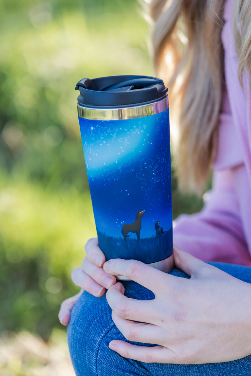 Aurora Travel Mug horse design by Emily Cole Illustrations