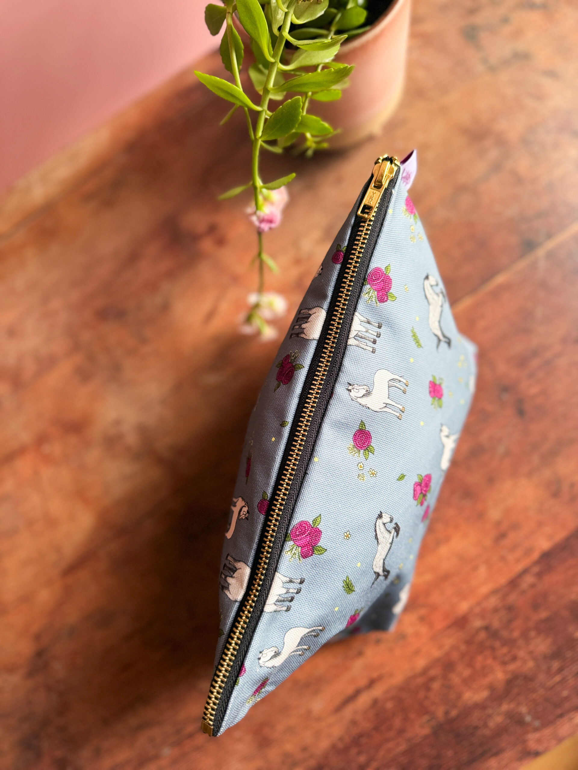 grey and white horse and pony patterned design wash bag by Emily Cole Illustrations close up zipped top