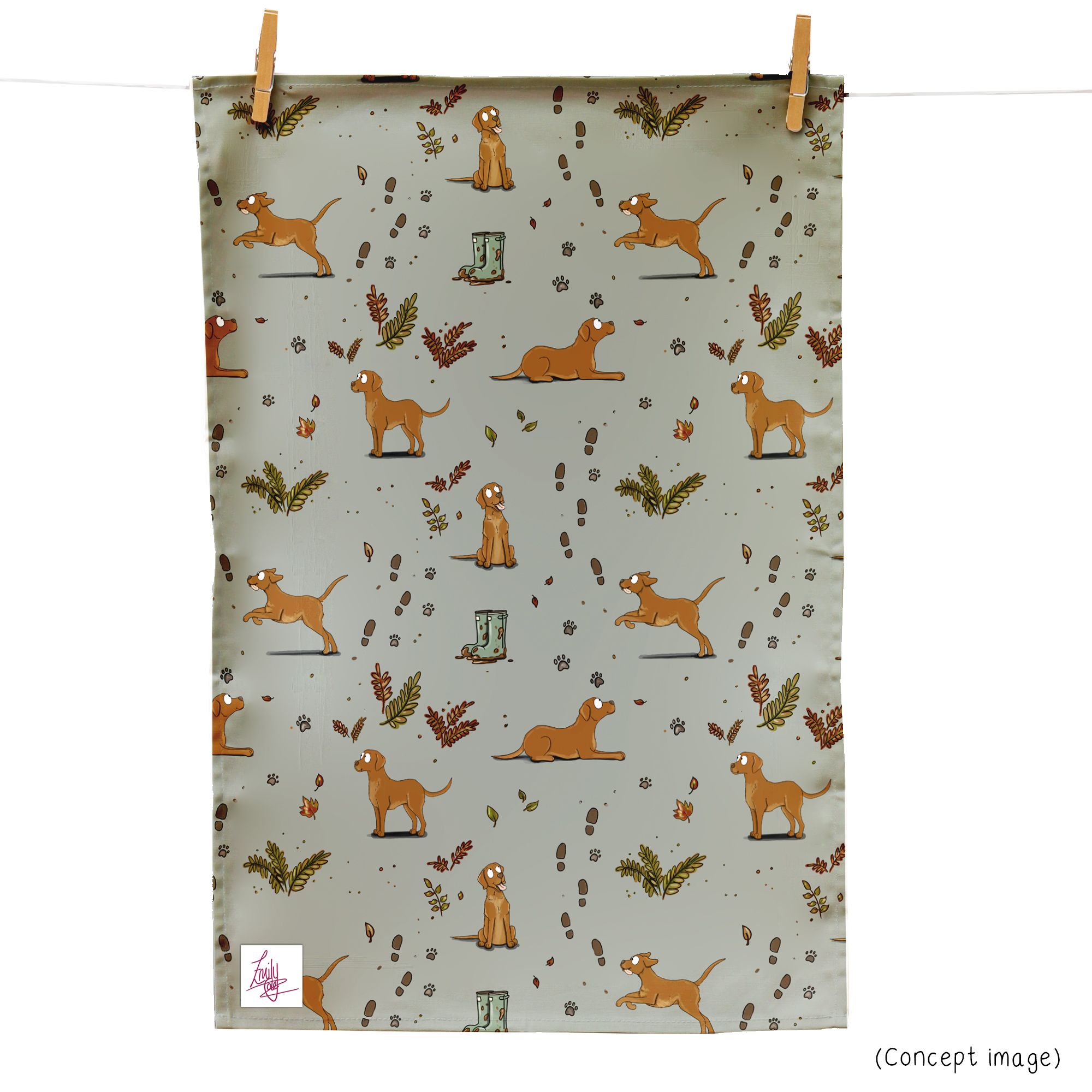 Tea towel with fox red Labrador dog pattern, paw prints, and autumn leaves on sage background