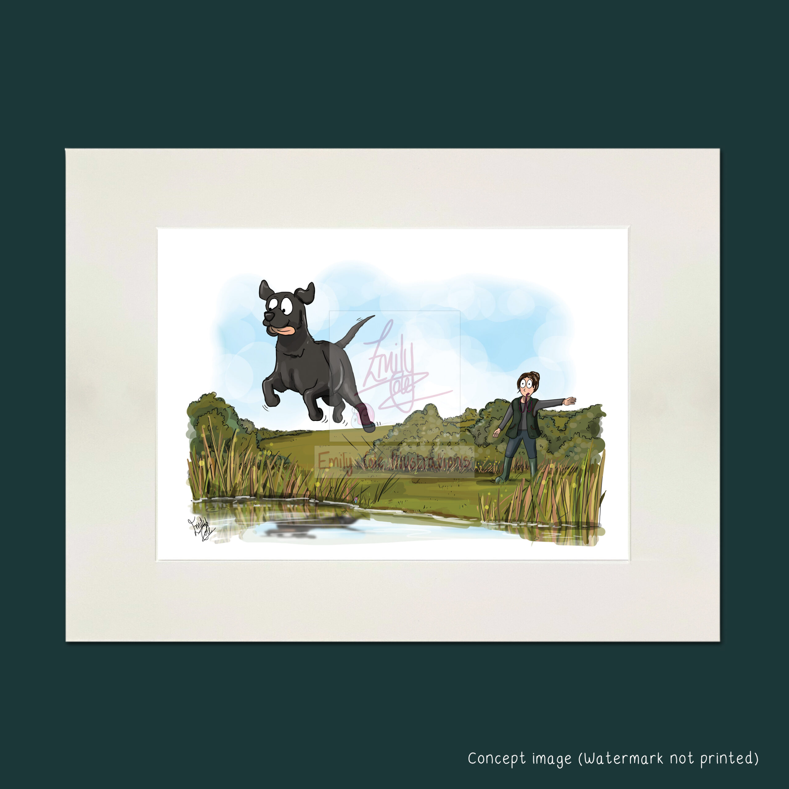 mounted Incoming funny black labrador dog giclee art print by Emily Cole Illustrations