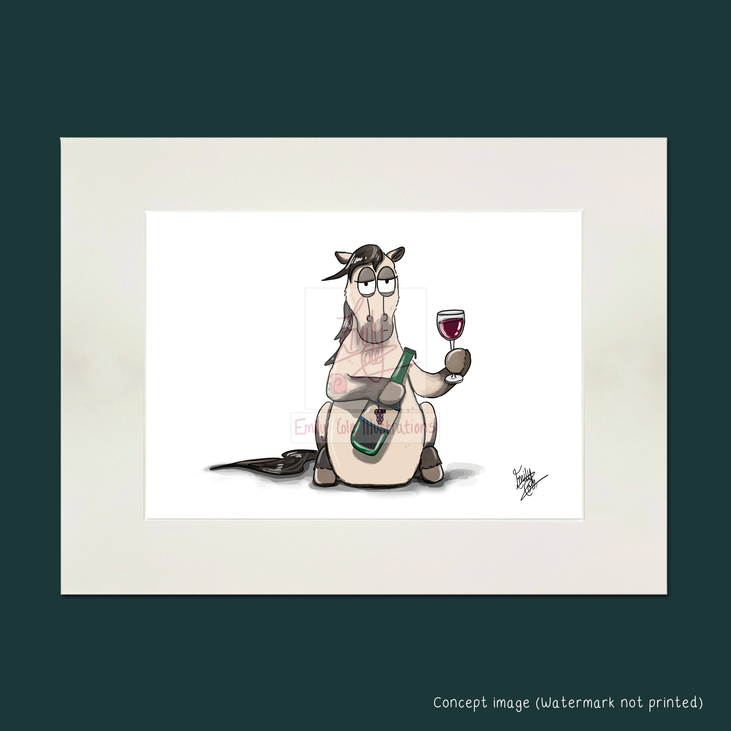 mounted Pass the wine funny horse giclee art print by Emily Cole Illustrations