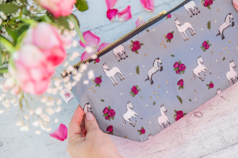 Beautiful Grey Horse & Roses Patterned Cotton Washbag, with Brass Zip by Emily Cole Illustrations.
