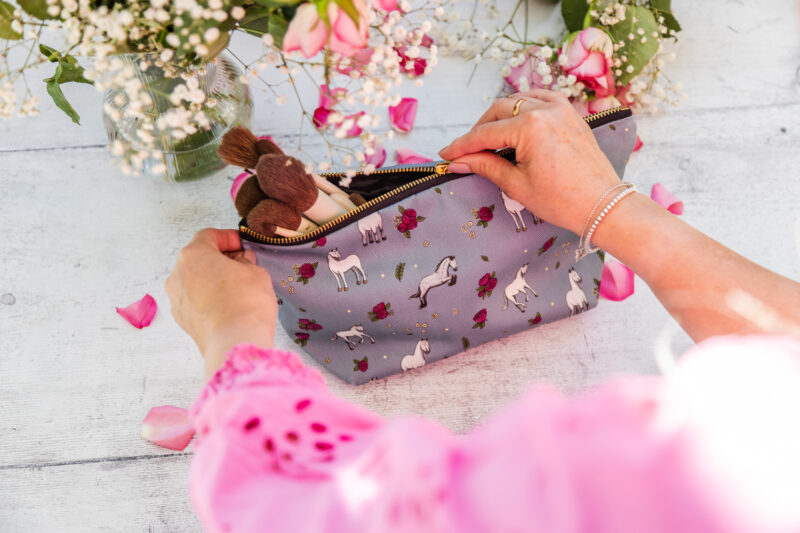 Beautiful Grey Horse & Roses Patterned Cotton Washbag, with Brass Zip by Emily Cole Illustrations.
