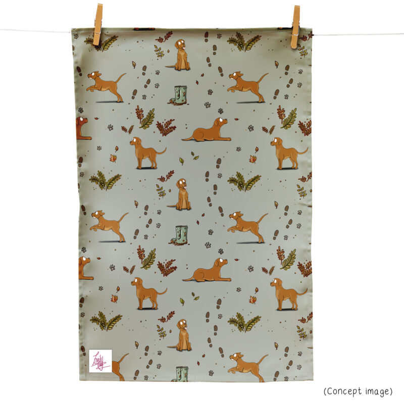 Tea towel with fox red Labrador dog pattern, paw prints, and autumn leaves on sage background