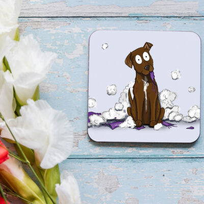 It exploded brown fluffy dog melamine coaster by Emily Cole Illustrations