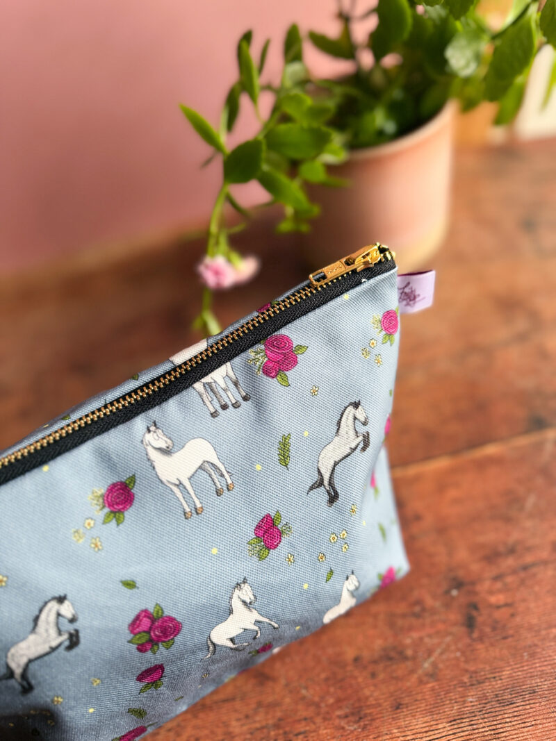 grey and white horse and pony patterned design wash bag by Emily Cole Illustrations close up