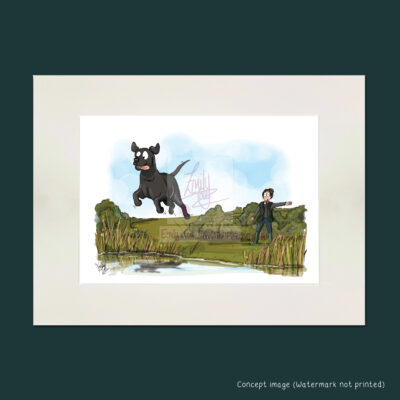 mounted Incoming funny black labrador dog giclee art print by Emily Cole Illustrations