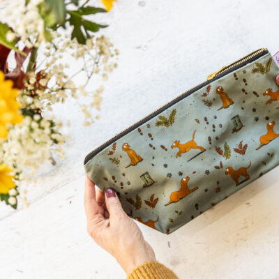 Fox Red Yellow Labrador patterned wash bag by Emily Cole Illustrations on a sage green background