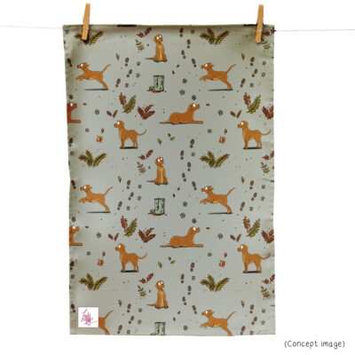 Tea towel with fox red Labrador dog pattern, paw prints, and autumn leaves on sage background
