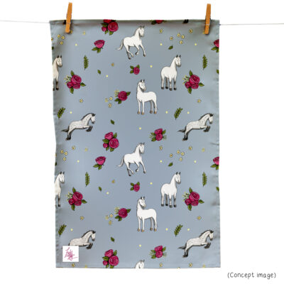 Tea towel with grey horse and pink rose pattern on dusty blue background