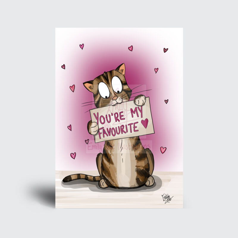 Cartoon tabby cat with stripes holding a “You’re My Favourite” sign, surrounded by hearts.