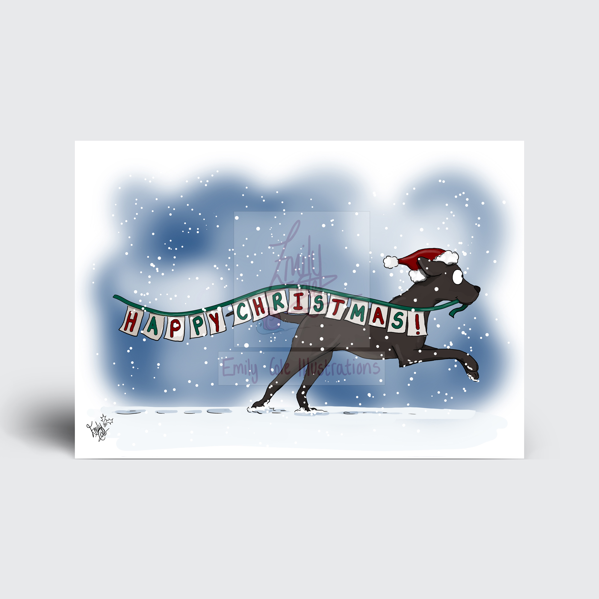 Black Labrador - OFFICE DOG - WAGGY CHRISTMAS - EMILY COLE ILLUSTRATIONS CHRISTMAS CARD