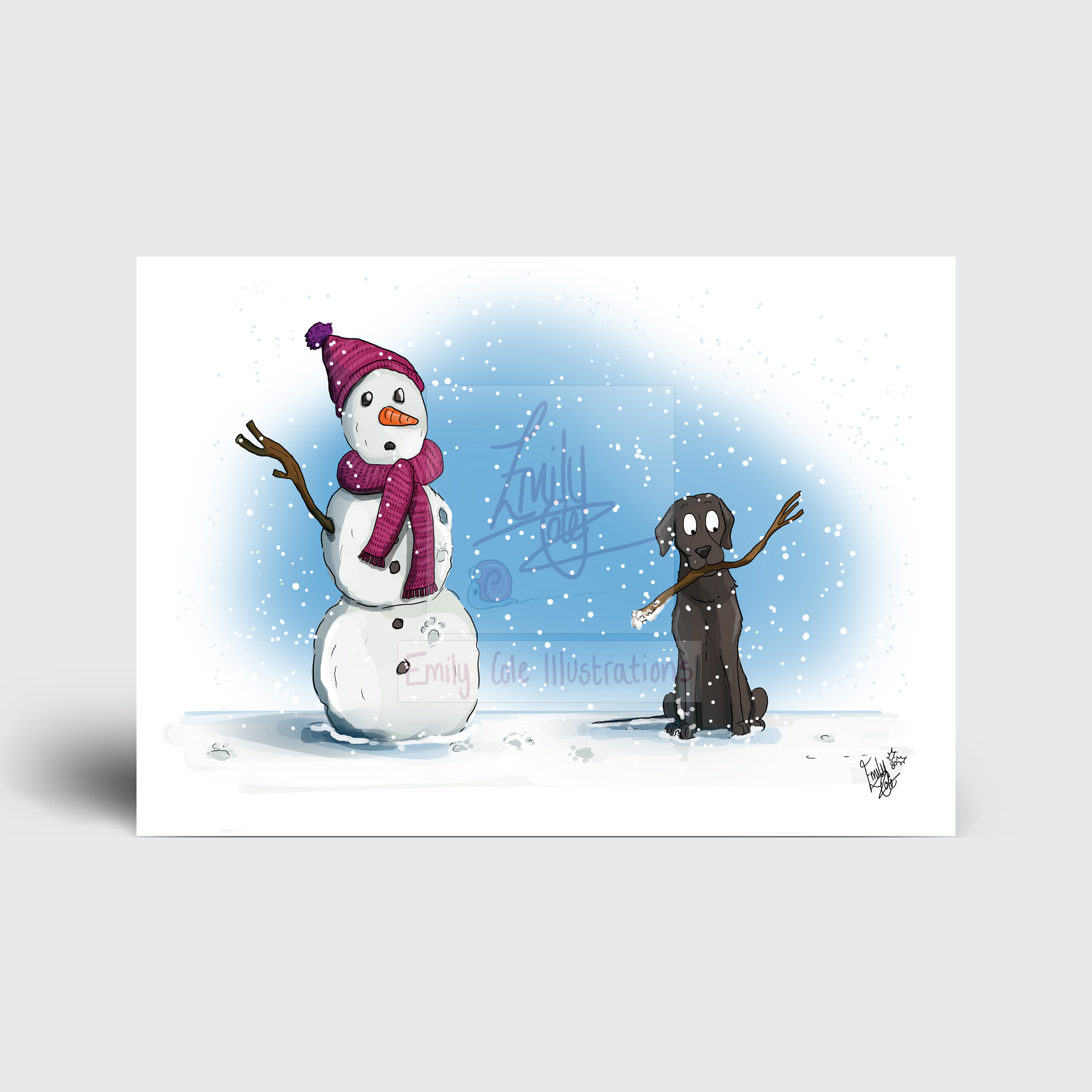 Labrador and Snowman -OFFICE DOG - WAGGY CHRISTMAS - EMILY COLE ILLUSTRATIONS CHRISTMAS CARD