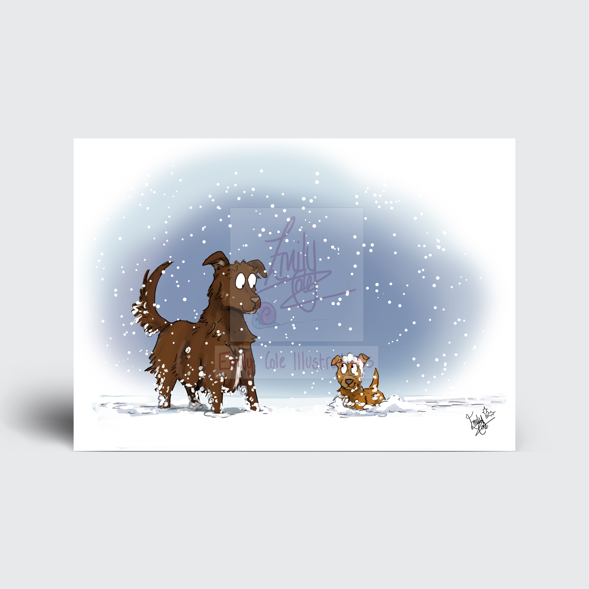 Little and Large -OFFICE DOG - WAGGY CHRISTMAS - EMILY COLE ILLUSTRATIONS CHRISTMAS CARD