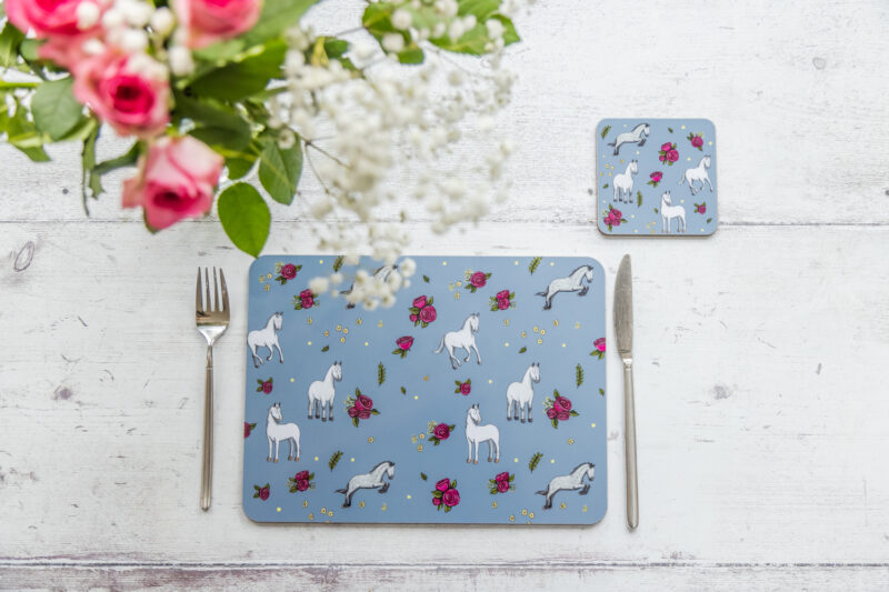 Beautiful Grey Horse & Roses Patterned Melamine Placemat by Emily Cole Illustrations.
