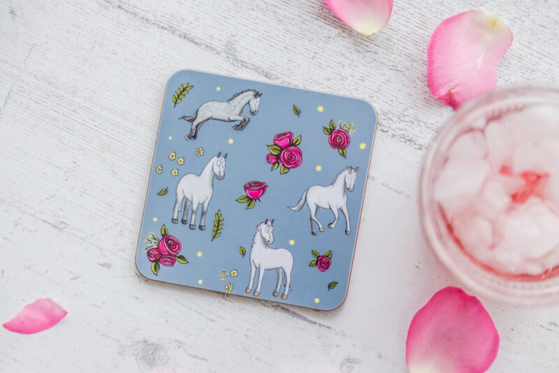 Beautiful Grey Horse & Roses Patterned Melamine Coaster by Emily Cole Illustrations.