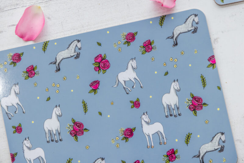 Beautiful Grey Horse & Roses Patterned Melamine Placemat by Emily Cole Illustrations.