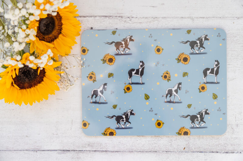 Striking Piebald Horse & Sunflower Patterned Melamine Placemat by Emily Cole Illustrations.