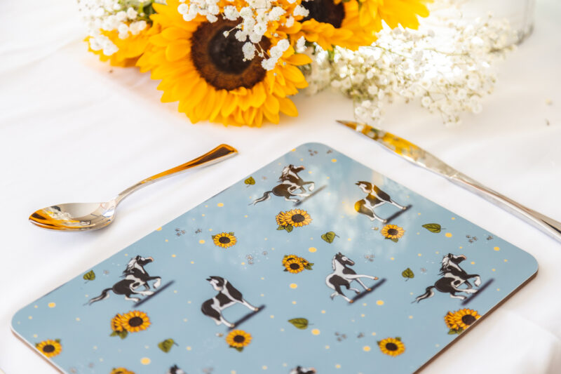 Striking Piebald Horse & Sunflower Patterned Melamine Placemat by Emily Cole Illustrations.