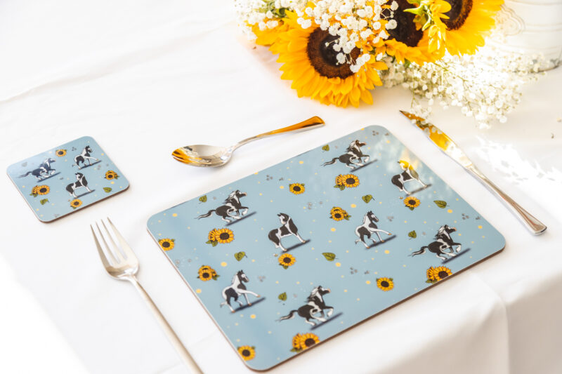 Striking Piebald Horse & Sunflower Patterned Melamine Placemat by Emily Cole Illustrations.