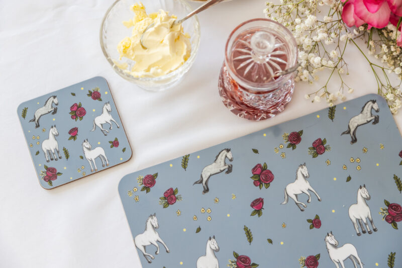 Beautiful Grey Horse & Roses Patterned Melamine Coaster by Emily Cole Illustrations.