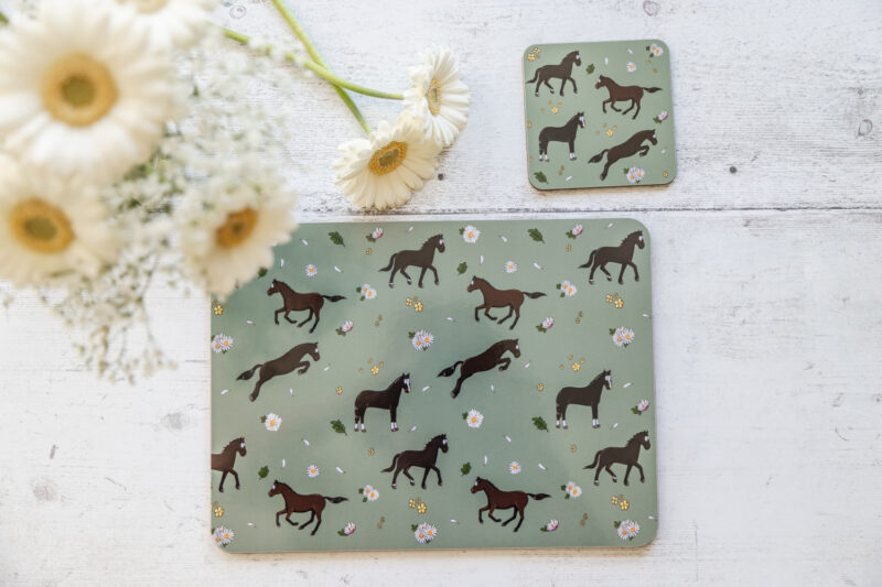 Bay Horse & Daisies Patterned Melamine Coaster and Placemat Table Set by Emily Cole Illustrations.