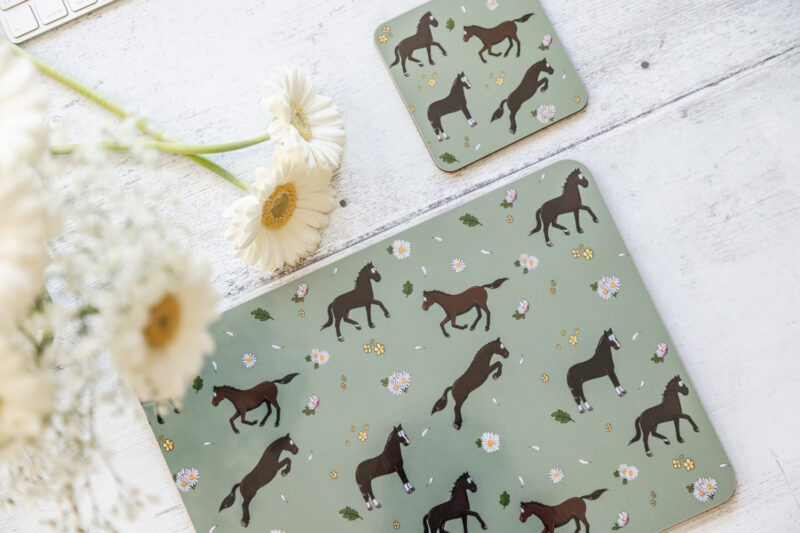Bay Horse & Daisies Patterned Melamine Coaster and Placemat Table Set by Emily Cole Illustrations.