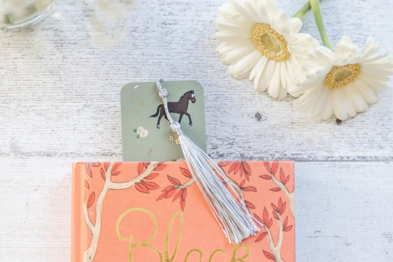 Bay Brown Horse and daisy green coloured bookmark with tassel by Emily Cole Illustrations.