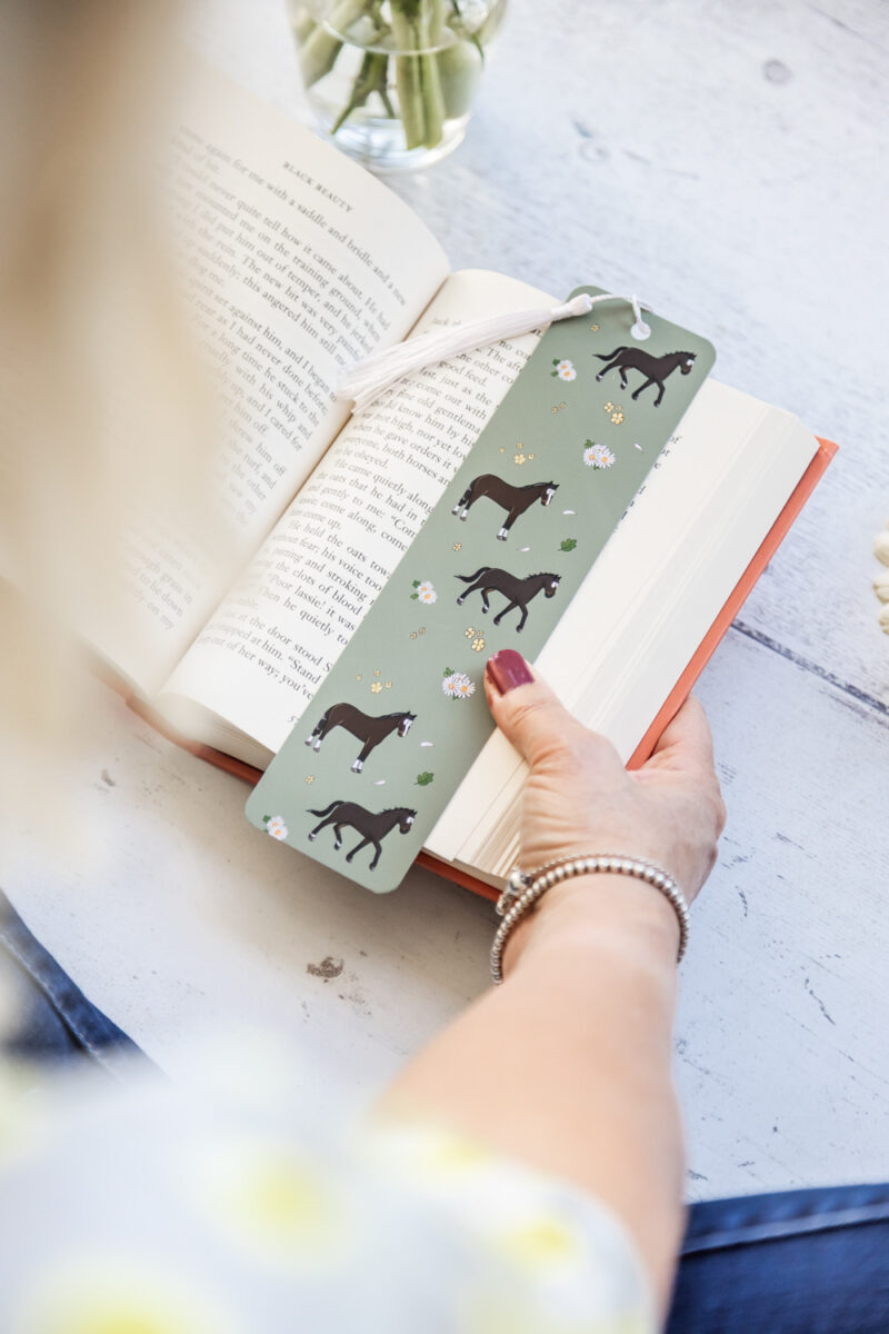 Bay Brown Horse and daisy green coloured bookmark with tassel by Emily Cole Illustrations.