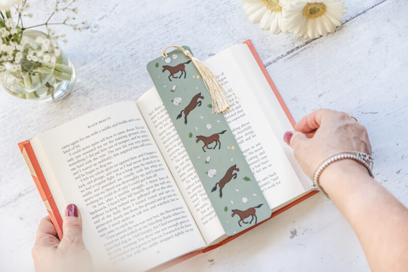 Bay Brown Horse and daisy green coloured bookmark with tassel by Emily Cole Illustrations.