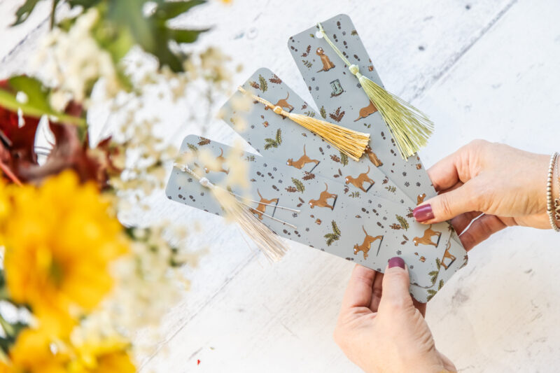 Fox Red yellow Labrador pattern bookmark on green background with tassel by Emily Cole Illustrations.