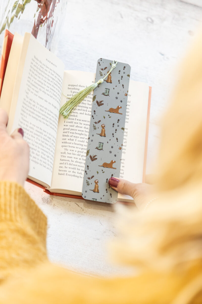 Fox Red yellow Labrador pattern bookmark on green background with tassel by Emily Cole Illustrations.