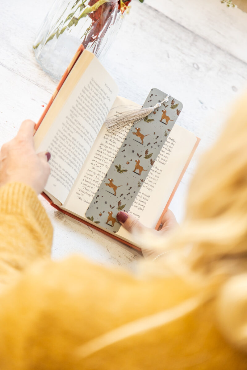 Fox Red yellow Labrador pattern bookmark on green background with tassel by Emily Cole Illustrations.