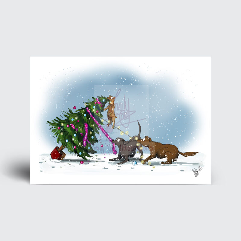 Naughty Dog Christmas Carnage - OFFICE DOG - WAGGY CHRISTMAS - EMILY COLE ILLUSTRATIONS CHRISTMAS CARD