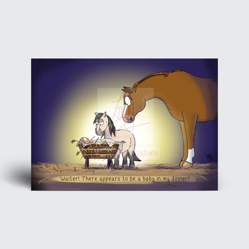 There appears to be something in my dinner - Jimmy and Sugarplum - Companion Pony - Funny Horse Christmas Card by Emily Cole Illustrations