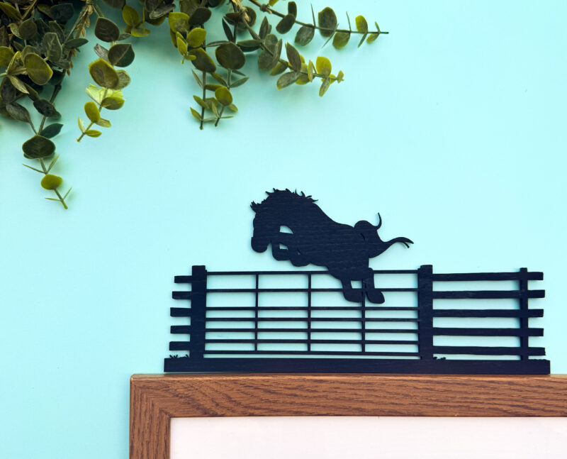gate hopping funy horse jumping wooden frame topper decoration by emily cole illustrations